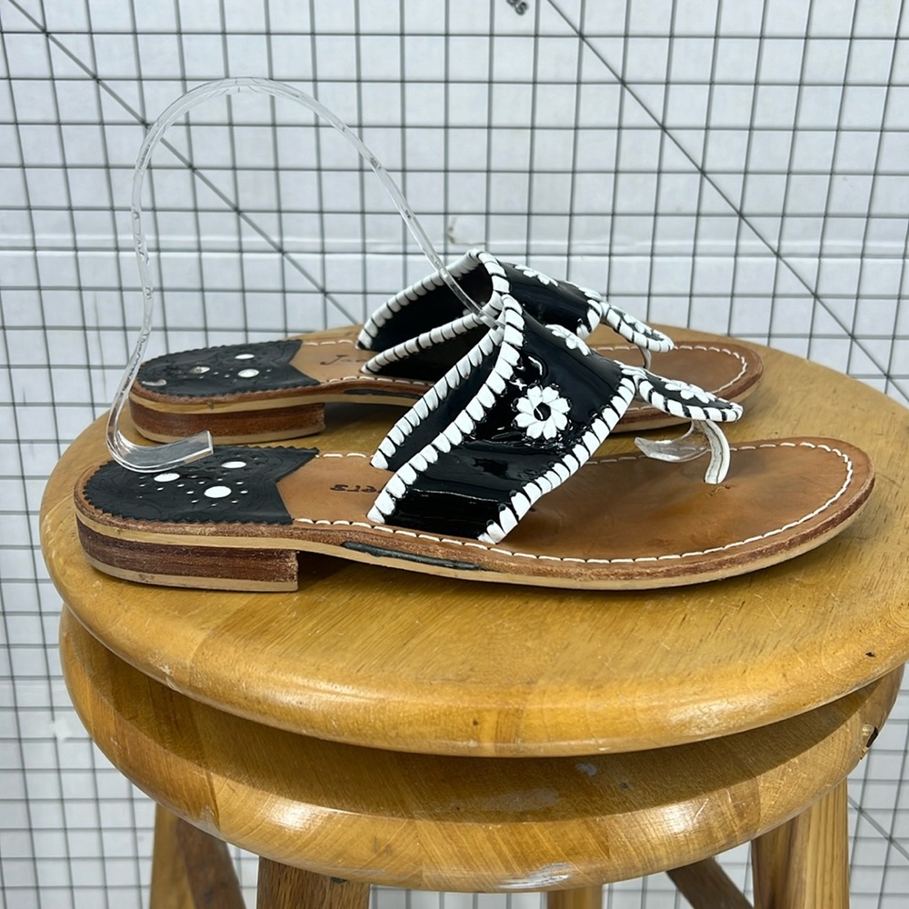 Jack Rogers Women Palm Beach Black Patent Flat T-Strap Sandals Thongs sandal 8